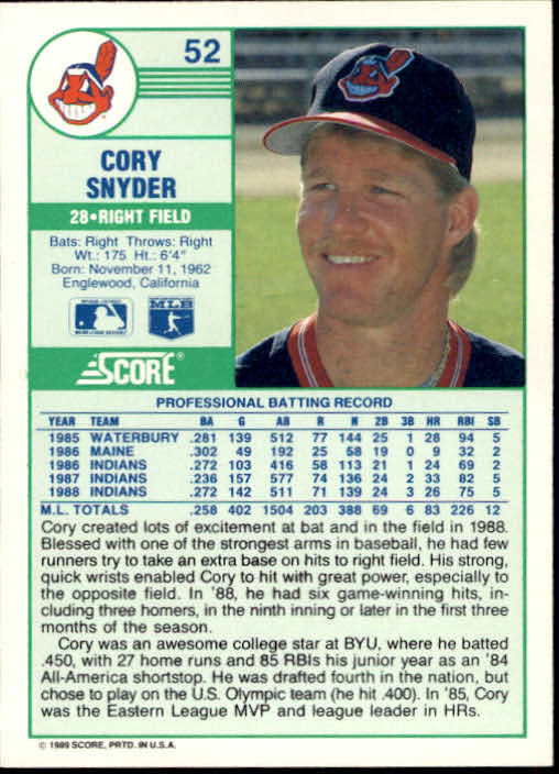 1989 Score #52 Cory Snyder back image