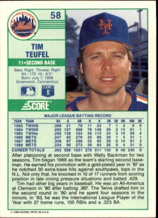 1989 Score #58 Tim Teufel back image