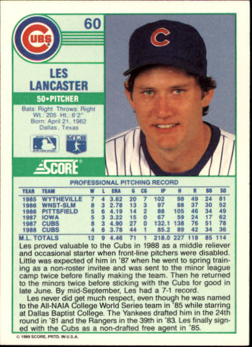 1989 Score #60 Les Lancaster back image