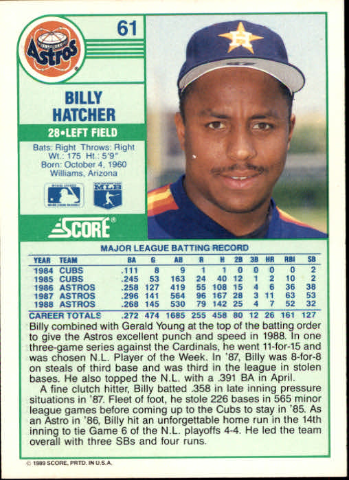 1989 Score #61 Billy Hatcher back image
