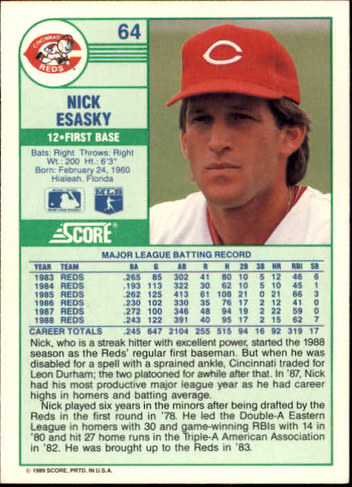 1989 Score #64 Nick Esasky back image