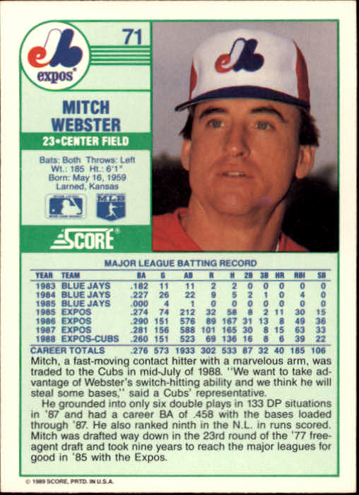 1989 Score #71 Mitch Webster back image