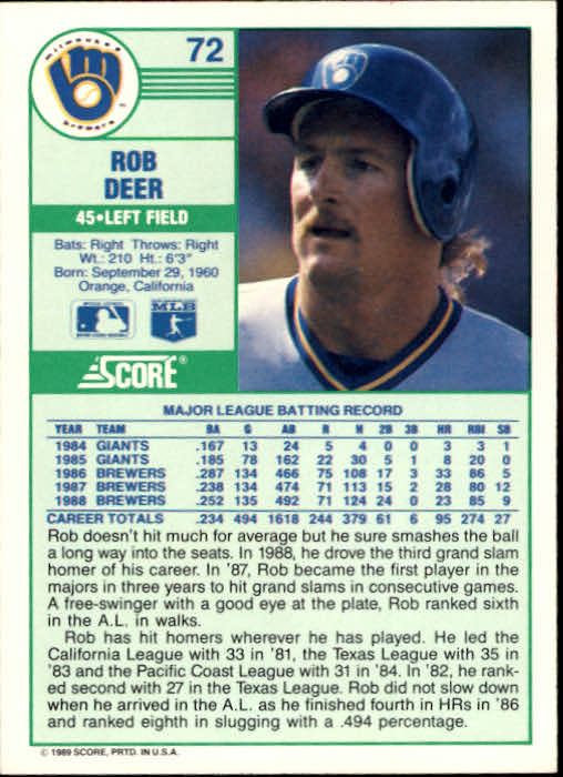 1989 Score #72 Rob Deer back image