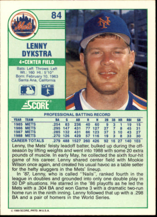 1989 Score #84 Len Dykstra back image