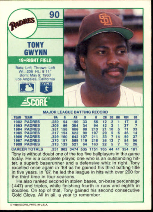 1989 Score #90 Tony Gwynn back image