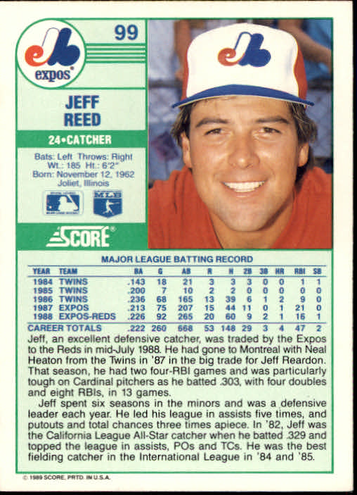 1989 Score #99 Jeff Reed back image
