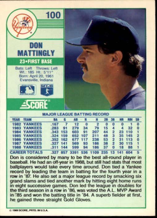 1989 Score #100 Don Mattingly back image