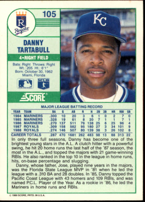1989 Score #105 Danny Tartabull back image