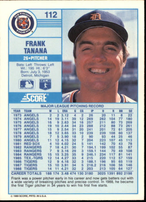 1989 Score #112 Frank Tanana back image