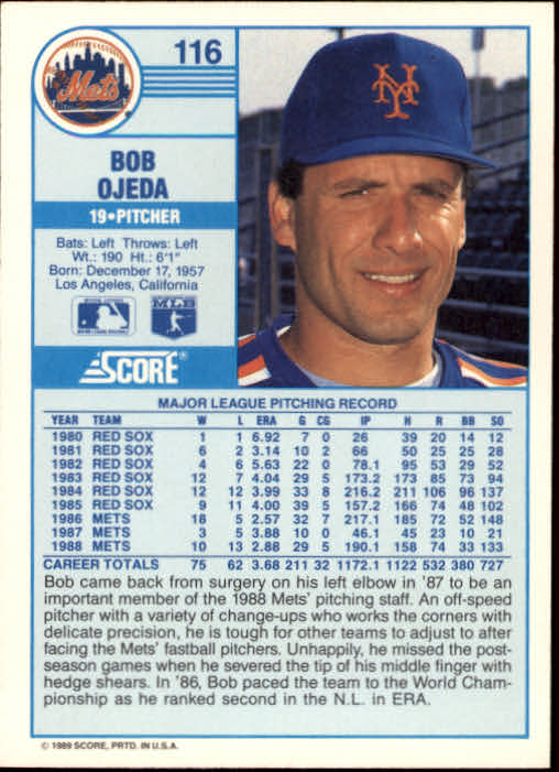 1989 Score #116 Bob Ojeda back image