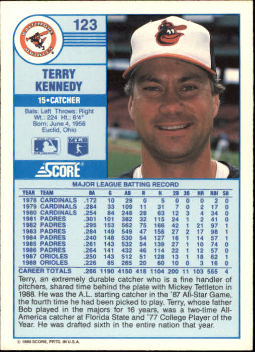 1989 Score #123 Terry Kennedy back image
