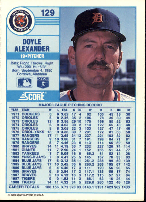 1989 Score #129 Doyle Alexander back image