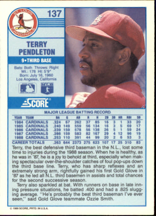 1989 Score #137 Terry Pendleton back image