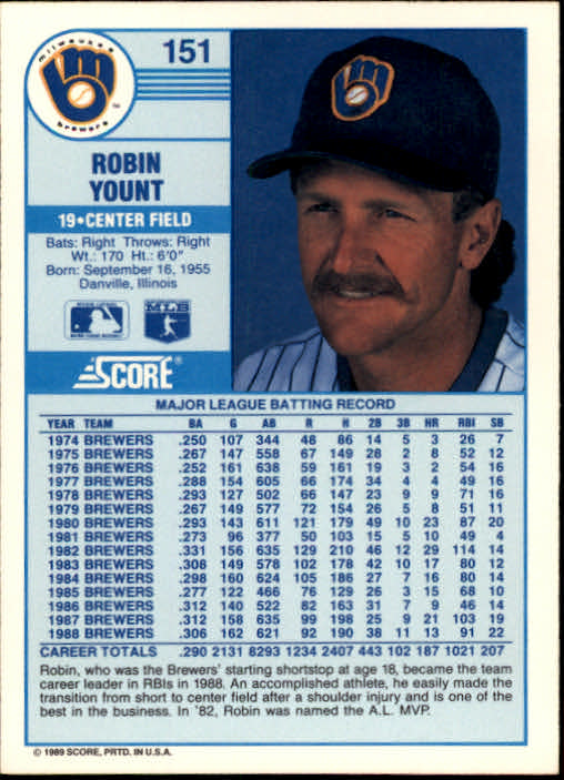 1989 Score #151 Robin Yount back image