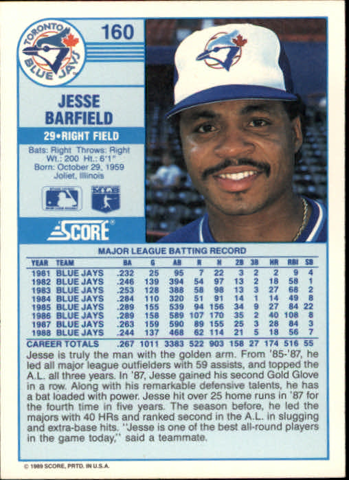 1989 Score #160 Jesse Barfield back image