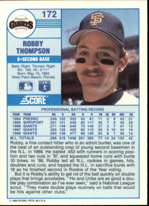 1989 Score #172 Robby Thompson back image