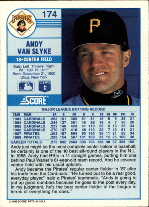 1989 Score #174 Andy Van Slyke back image
