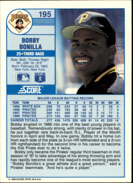 1989 Score #195 Bobby Bonilla back image