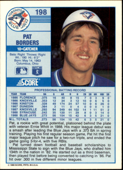 1989 Score #198 Pat Borders RC back image