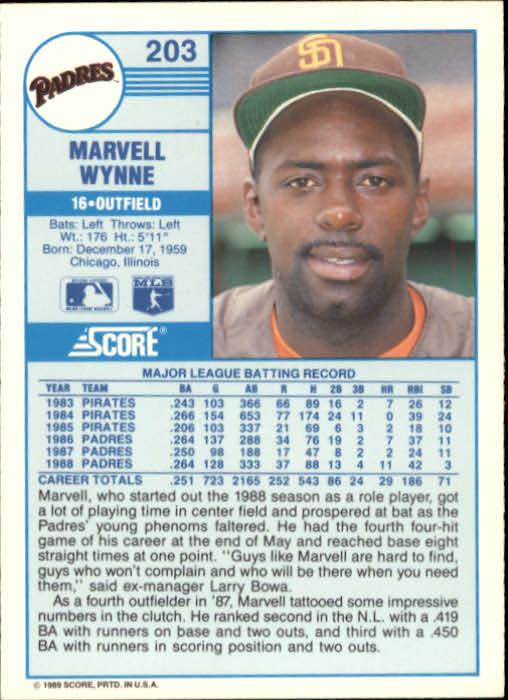 1989 Score #203 Marvell Wynne back image