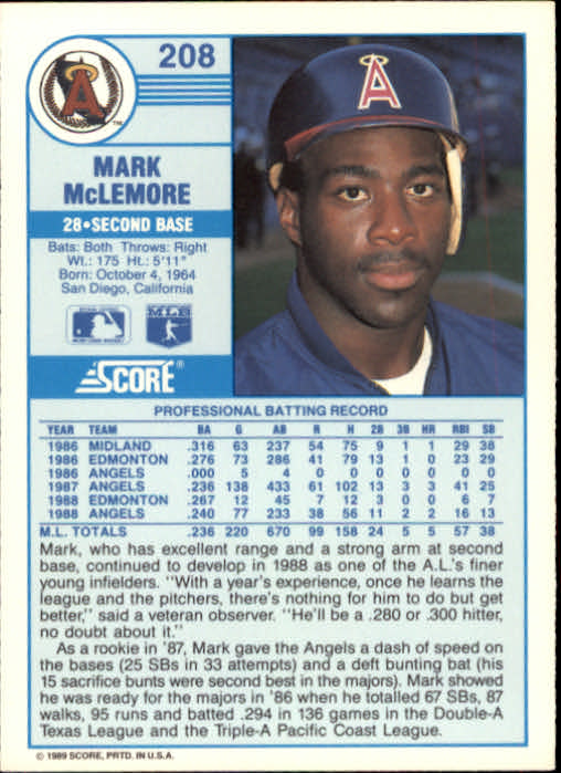 1989 Score #208 Mark McLemore back image