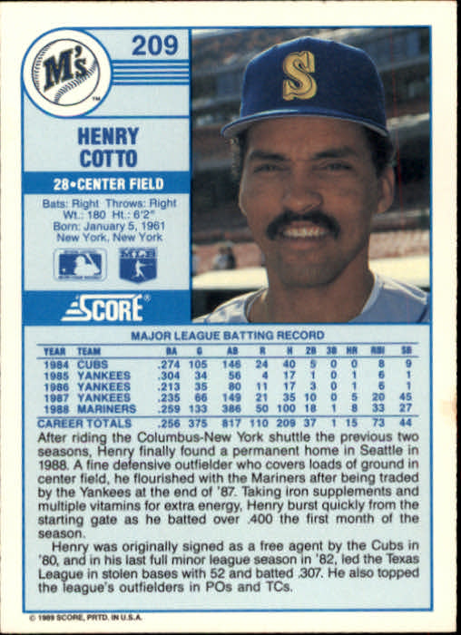 1989 Score #209 Henry Cotto back image