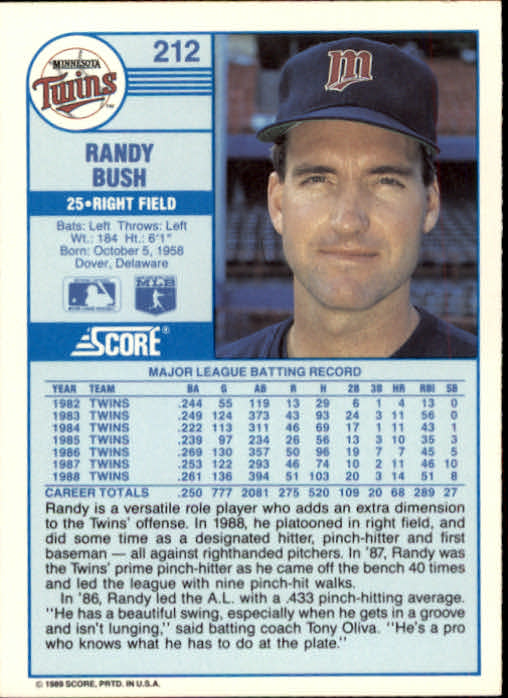 1989 Score #212 Randy Bush back image