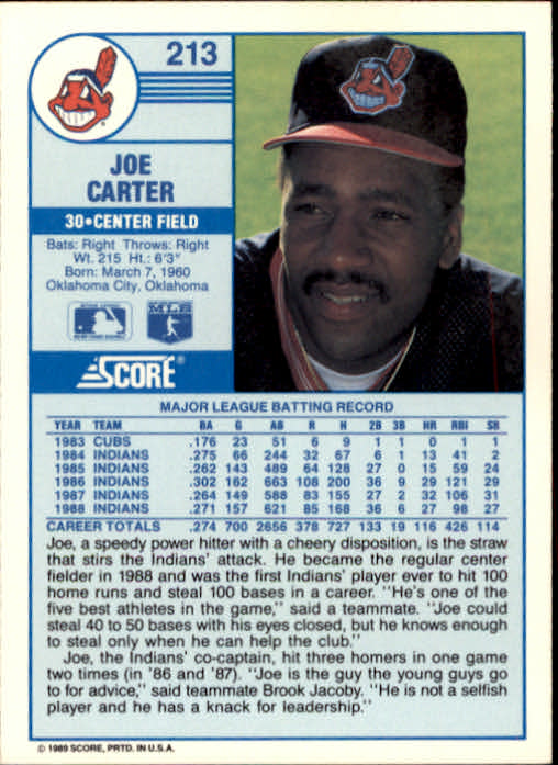 1989 Score #213 Joe Carter back image