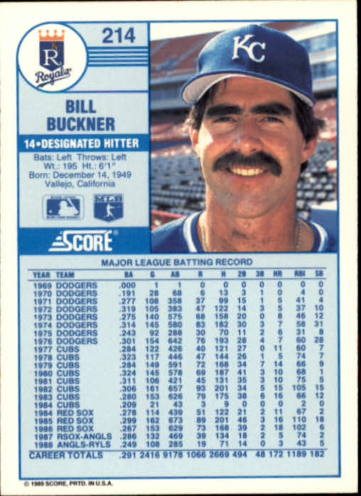 1989 Score Baseball Card #214 Bill Buckner - Kansas City Royals