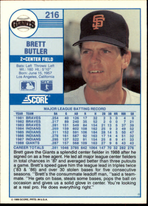 1989 Score #216 Brett Butler back image