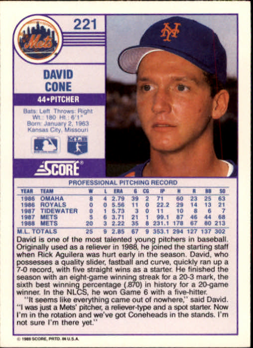 1989 Score #221 David Cone back image