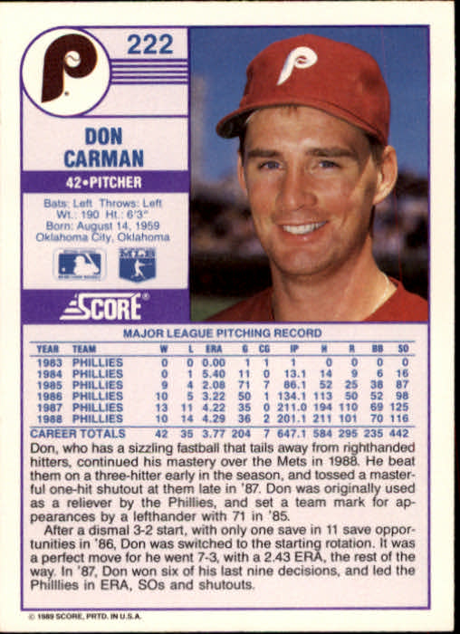 1989 Score #222 Don Carman back image