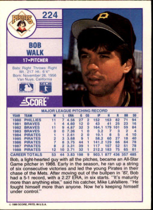 1989 Score #224 Bob Walk back image