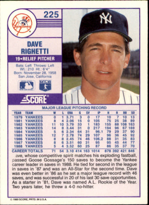 1989 Score #225 Dave Righetti back image