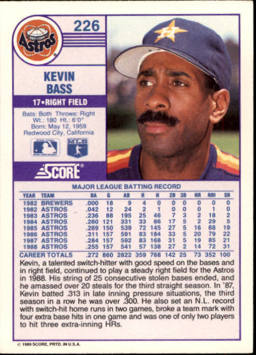 1989 Score #226 Kevin Bass back image