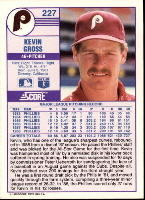 1989 Score #227 Kevin Gross back image