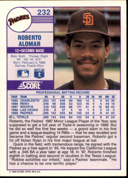 1989 Score #232 Roberto Alomar back image