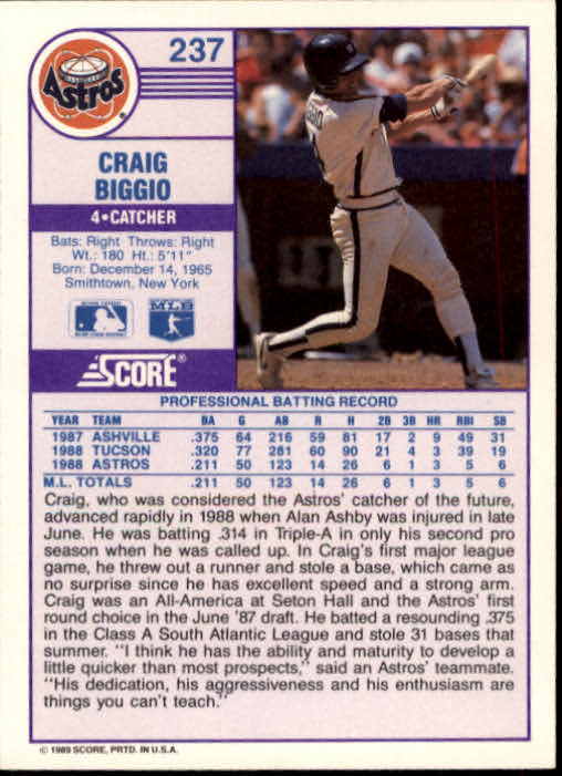 1989 Score #237 Craig Biggio RC/Inconsistent design,/portrait on front back image