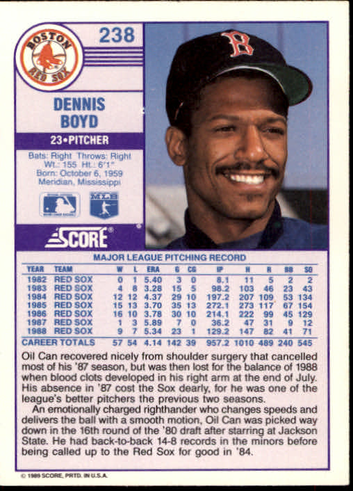 1989 Score #238 Dennis Boyd back image