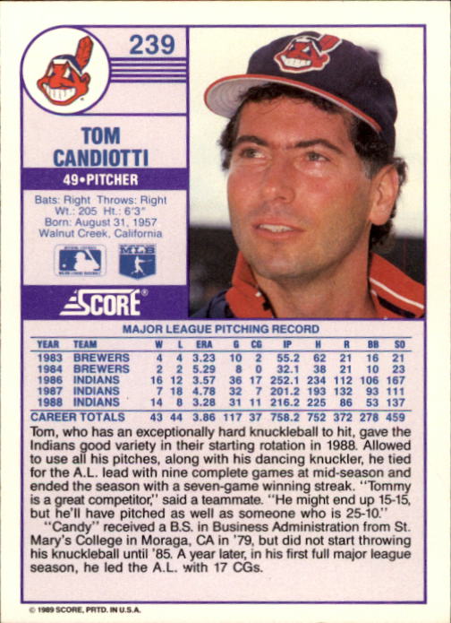 1989 Score #239 Tom Candiotti back image