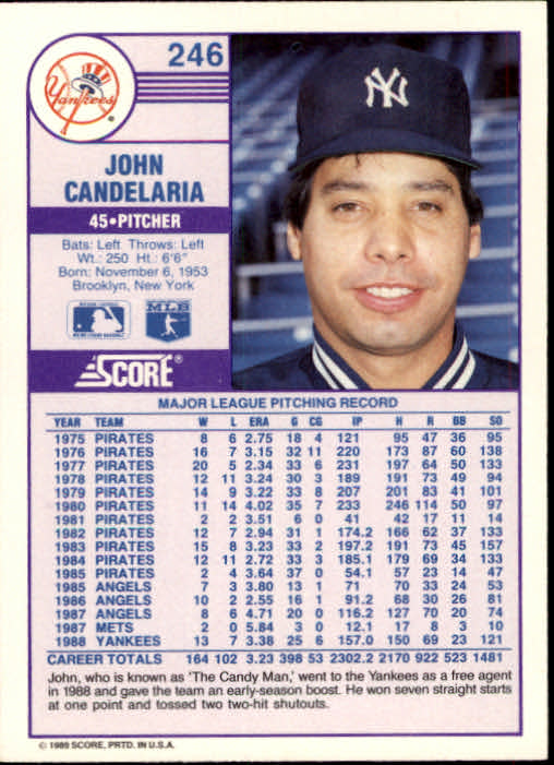 1989 Score #246 John Candelaria back image