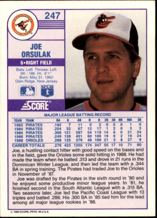 1989 Score #247 Joe Orsulak back image