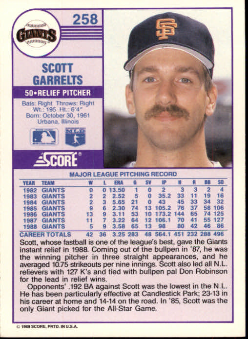 1989 Score #258 Scott Garrelts back image