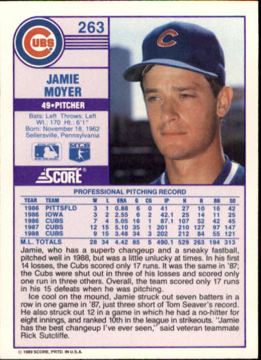 1989 Score #263 Jamie Moyer back image