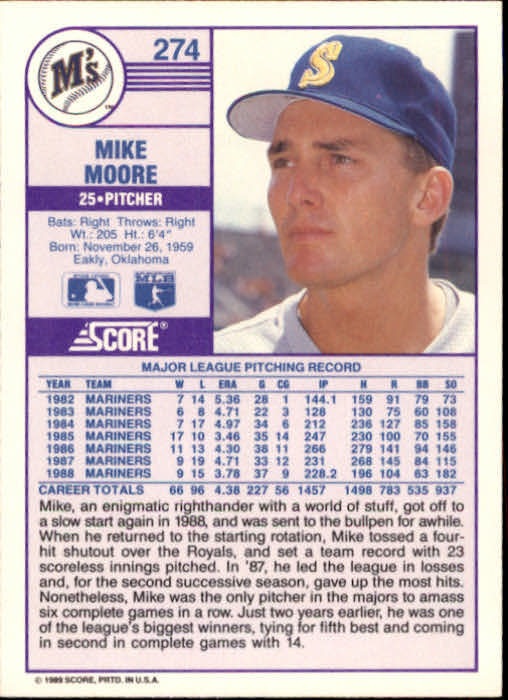 1989 Score #274 Mike Moore back image