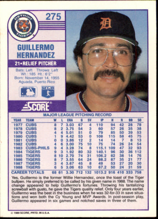 1989 Score #275 Guillermo Hernandez back image