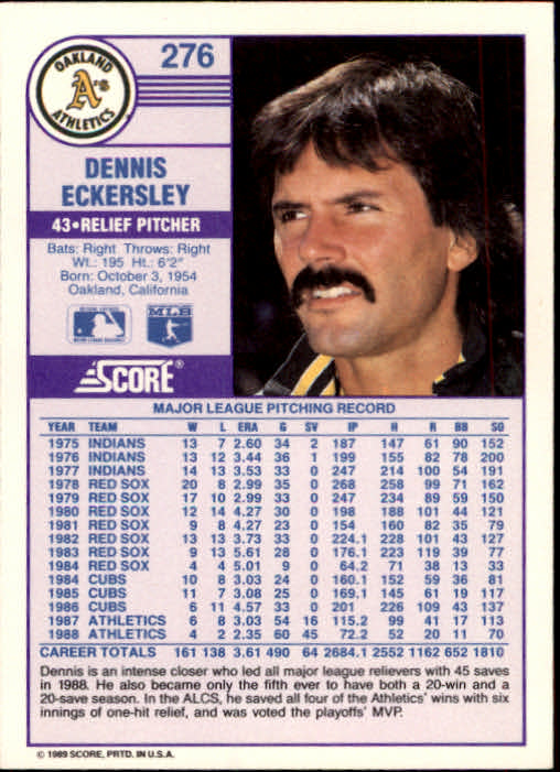 1989 Score #276 Dennis Eckersley back image