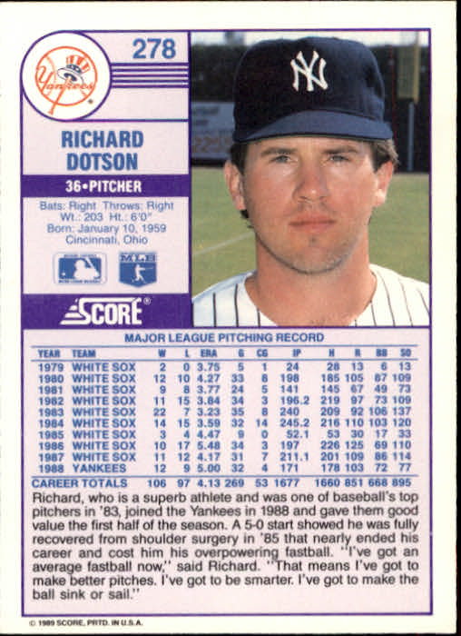 1989 Score #278 Rich Dotson back image