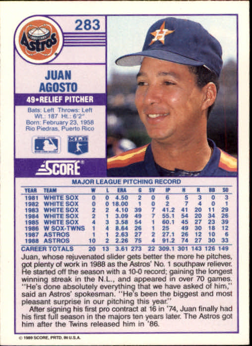 1989 Score #283 Juan Agosto back image