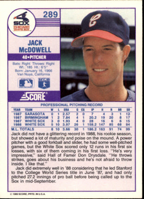1989 Score #289 Jack McDowell back image